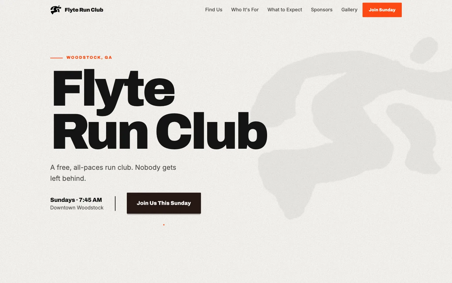 Flyte Run Club homepage: a bold black headline on warm off-white with an orange Join Sunday button