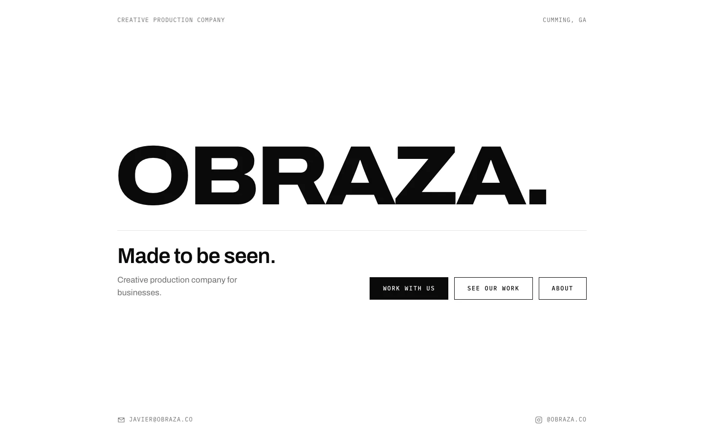 Obraza homepage: an oversized OBRAZA wordmark above the line Made to be seen